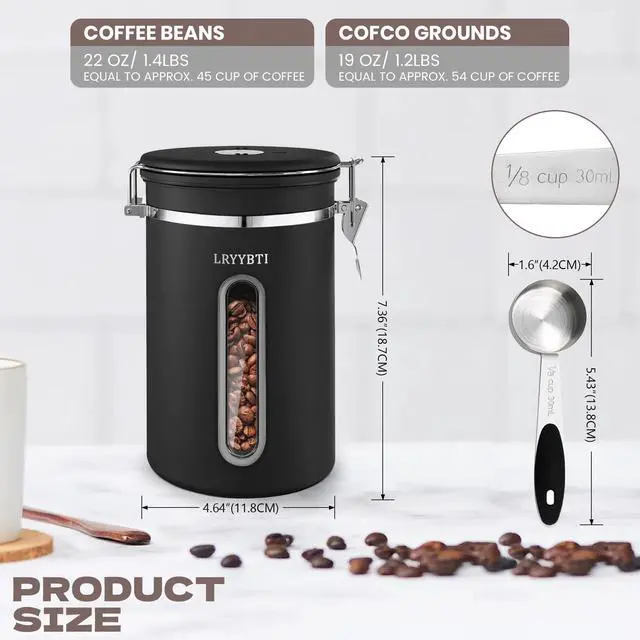 Alt view image 4 of 7 - Coffee Canisters with Window,Scoop and Airtight Lid Stainless Steel Kitchen Bean Storage Grounds Container Date Tracker and Scoop for Grounds Coffee Bar Accessories Beans, Cereal, Sugar