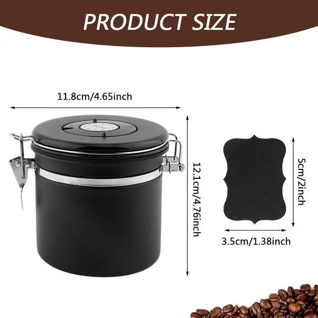 Alt view image 2 of 7 - Airtight Coffee Canister with CO2 Valve and Date Tracker, 1.2 L (40.6 fl oz), 4.65 x 4.76 in, Stainless Steel Liner, Includes Scoop and 8 Labels, Black
