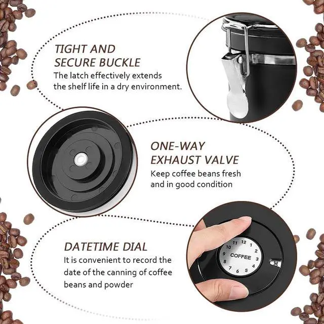 Alt view image 3 of 7 - Airtight Coffee Canister with CO2 Valve and Date Tracker, 1.2 L (40.6 fl oz), 4.65 x 4.76 in, Stainless Steel Liner, Includes Scoop and 8 Labels, Black