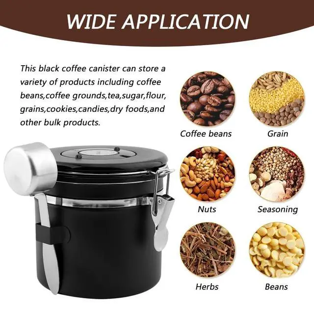 Alt view image 4 of 7 - Airtight Coffee Canister with CO2 Valve and Date Tracker, 1.2 L (40.6 fl oz), 4.65 x 4.76 in, Stainless Steel Liner, Includes Scoop and 8 Labels, Black