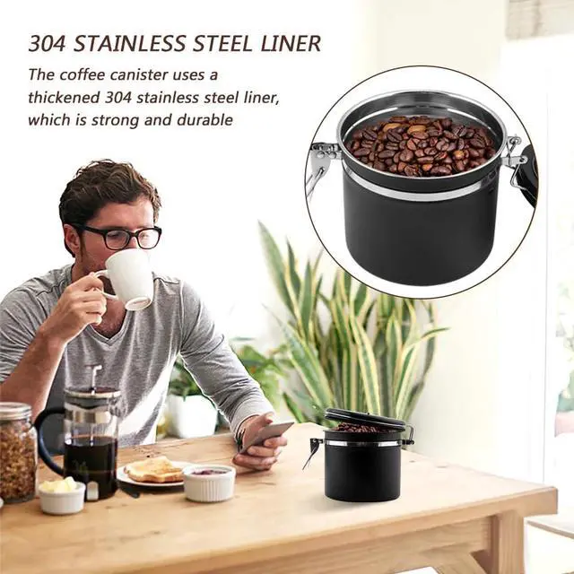 Alt view image 5 of 7 - Airtight Coffee Canister with CO2 Valve and Date Tracker, 1.2 L (40.6 fl oz), 4.65 x 4.76 in, Stainless Steel Liner, Includes Scoop and 8 Labels, Black