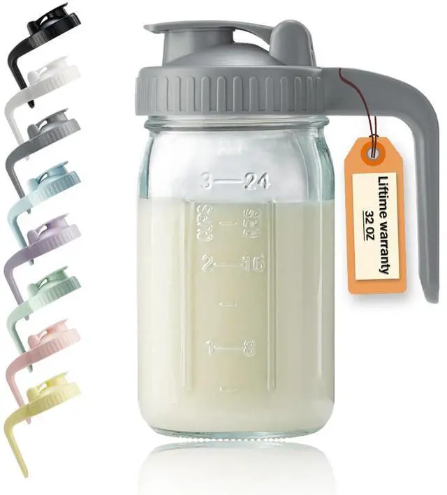 Main image of 32oz Glass Pitcher with Lid & V-shaped Pour Spout - 1 Quart Breastmilk Pitcher Double Leak Proof, Creamer Container for Sun Tea, Juice, Cold Brew Coffee, Breastmilk Storage Container