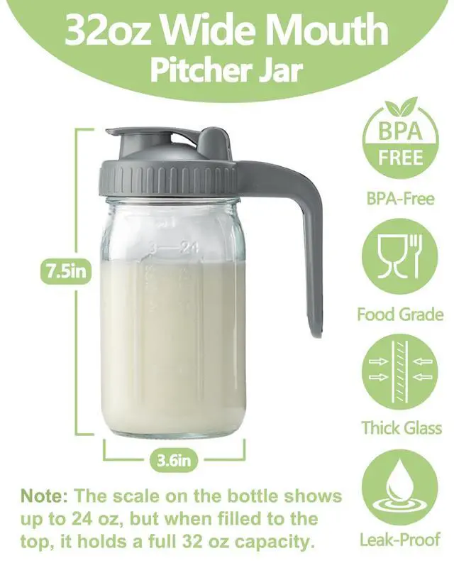 Alt view image 2 of 6 - 32oz Glass Pitcher with Lid & V-shaped Pour Spout - 1 Quart Breastmilk Pitcher Double Leak Proof, Creamer Container for Sun Tea, Juice, Cold Brew Coffee, Breastmilk Storage Container