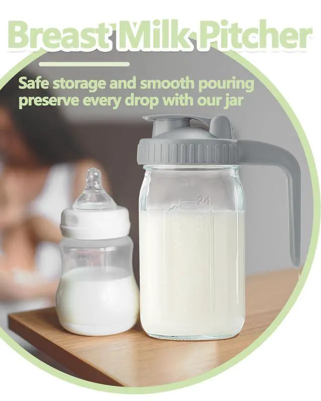 Alt view image 6 of 6 - 32oz Glass Pitcher with Lid & V-shaped Pour Spout - 1 Quart Breastmilk Pitcher Double Leak Proof, Creamer Container for Sun Tea, Juice, Cold Brew Coffee, Breastmilk Storage Container