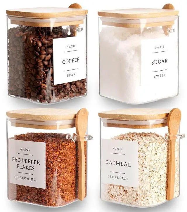 Main image of Set of 4 Square Glass Jar with Bamboo Lids and Spoons Airtight 27 oz Borosilicate Glass Food Storage Contaienrs with 132 Kitchen Pantry Labels for Coffee, Tea, Sugar