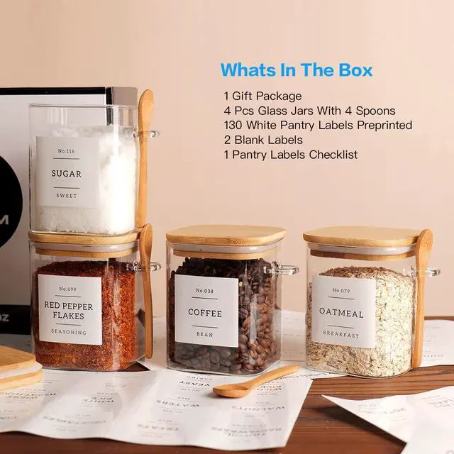 Alt view image 2 of 7 - Set of 4 Square Glass Jar with Bamboo Lids and Spoons Airtight 27 oz Borosilicate Glass Food Storage Contaienrs with 132 Kitchen Pantry Labels for Coffee, Tea, Sugar