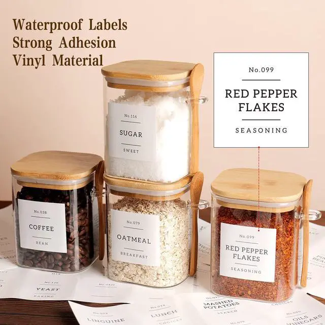 Alt view image 3 of 7 - Set of 4 Square Glass Jar with Bamboo Lids and Spoons Airtight 27 oz Borosilicate Glass Food Storage Contaienrs with 132 Kitchen Pantry Labels for Coffee, Tea, Sugar