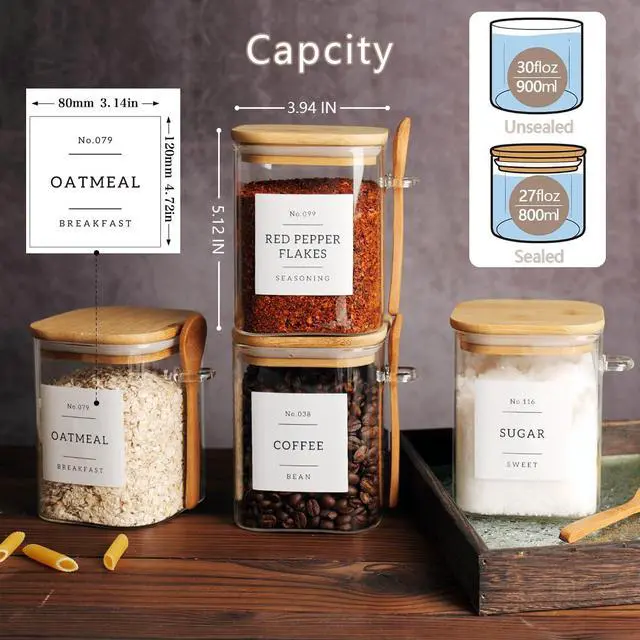 Alt view image 4 of 7 - Set of 4 Square Glass Jar with Bamboo Lids and Spoons Airtight 27 oz Borosilicate Glass Food Storage Contaienrs with 132 Kitchen Pantry Labels for Coffee, Tea, Sugar