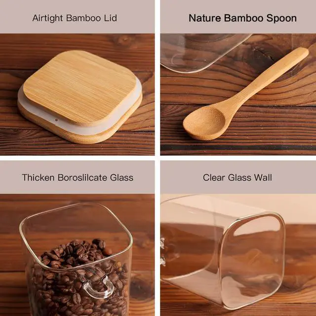 Alt view image 6 of 7 - Set of 4 Square Glass Jar with Bamboo Lids and Spoons Airtight 27 oz Borosilicate Glass Food Storage Contaienrs with 132 Kitchen Pantry Labels for Coffee, Tea, Sugar