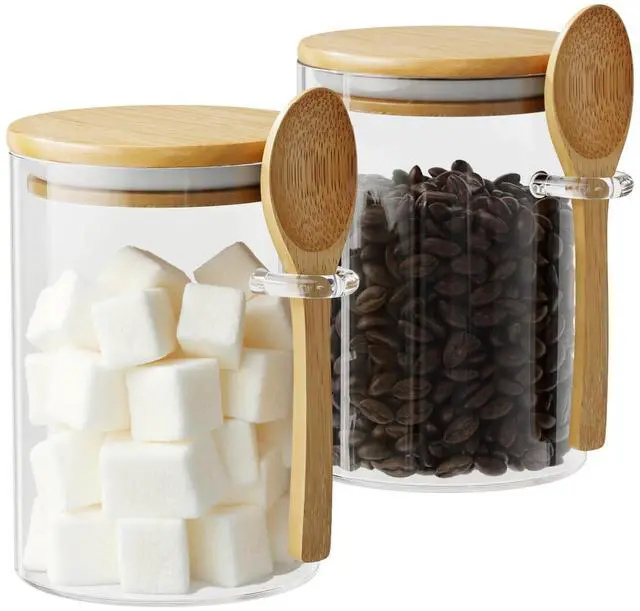 Main image of Glass Sugar Container with Spoon - 2 Pack 15oz Glass Jars with Bamboo Lid and Spoon, Bamboo Lid Storage Jar Canister for Coffee Beans, Spice, Brown Sugar, Tea, Flour, Nuts, Candy, Salts and More