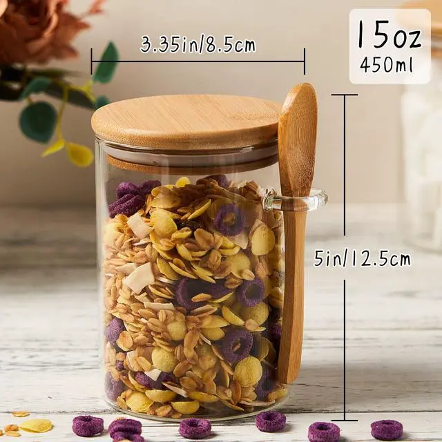 Alt view image 2 of 7 - Glass Sugar Container with Spoon - 2 Pack 15oz Glass Jars with Bamboo Lid and Spoon, Bamboo Lid Storage Jar Canister for Coffee Beans, Spice, Brown Sugar, Tea, Flour, Nuts, Candy, Salts and More