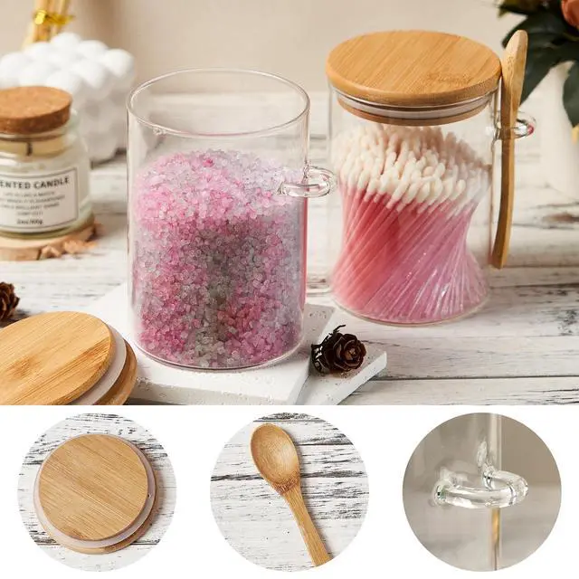 Alt view image 3 of 7 - Glass Sugar Container with Spoon - 2 Pack 15oz Glass Jars with Bamboo Lid and Spoon, Bamboo Lid Storage Jar Canister for Coffee Beans, Spice, Brown Sugar, Tea, Flour, Nuts, Candy, Salts and More