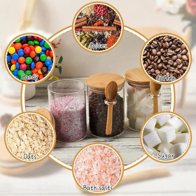 Alt view image 6 of 7 - Glass Sugar Container with Spoon - 2 Pack 15oz Glass Jars with Bamboo Lid and Spoon, Bamboo Lid Storage Jar Canister for Coffee Beans, Spice, Brown Sugar, Tea, Flour, Nuts, Candy, Salts and More