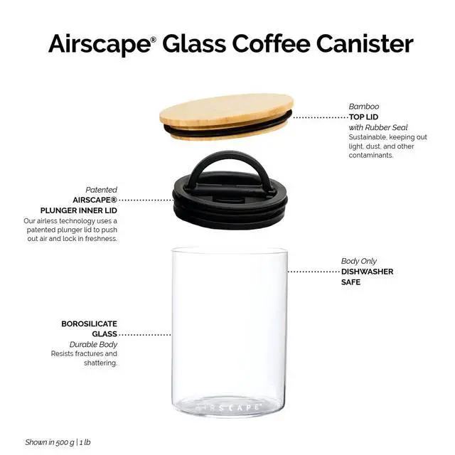 Alt view image 2 of 7 - Glass Food Storage Canister - Glass Storage With US Patented Airless Inner Lid & Bamboo Top Lid - Preserves Food Freshness (Medium 7-Inch)