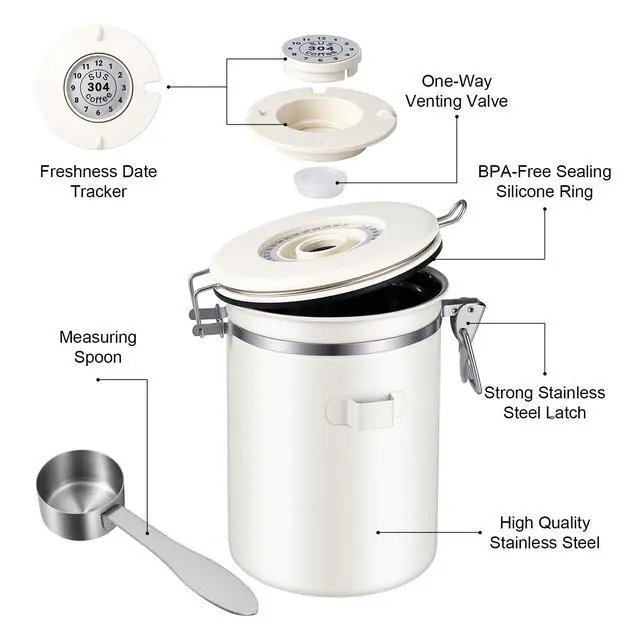 Alt view image 5 of 7 - Stainless Steel Coffee Canister - 22OZ Airtight Coffee Bean Storage Grounds Container Holder with Date Tracker & Measuring Scoop, Kitchen Food Canister Jar for Cereal, Sugar, Tea, Flour, Gifts
