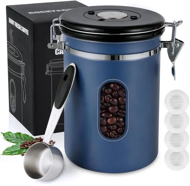 Main image of 1800ML Airtight Coffee Canister with Date Tracker&Transparent Window, 22.8OZ Coffe Beans Storage with 30ML Measure Spoon&4 co2 Valve, Coffee Container for Grounds Coffee, Beans, Tea, Sugar&Flour(Blue)