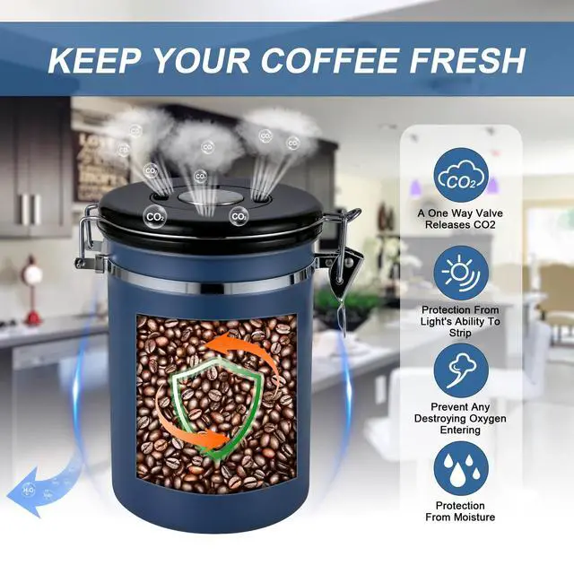Alt view image 3 of 7 - 1800ML Airtight Coffee Canister with Date Tracker&Transparent Window, 22.8OZ Coffe Beans Storage with 30ML Measure Spoon&4 co2 Valve, Coffee Container for Grounds Coffee, Beans, Tea, Sugar&Flour(Blue)