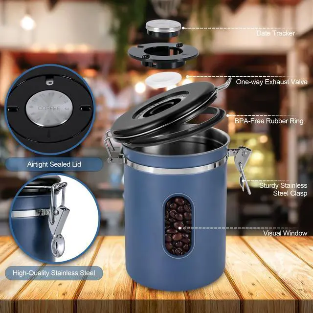 Alt view image 2 of 7 - 1800ML Airtight Coffee Canister with Date Tracker&Transparent Window, 22.8OZ Coffe Beans Storage with 30ML Measure Spoon&4 co2 Valve, Coffee Container for Grounds Coffee, Beans, Tea, Sugar&Flour(Blue)