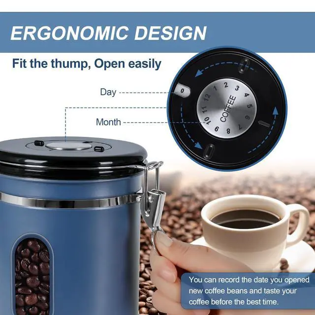 Alt view image 5 of 7 - 1800ML Airtight Coffee Canister with Date Tracker&Transparent Window, 22.8OZ Coffe Beans Storage with 30ML Measure Spoon&4 co2 Valve, Coffee Container for Grounds Coffee, Beans, Tea, Sugar&Flour(Blue)