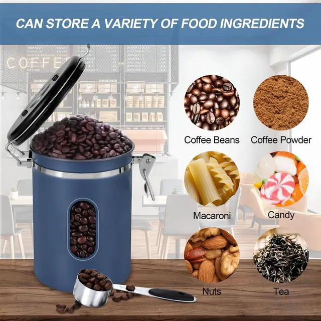 Alt view image 4 of 7 - 1800ML Airtight Coffee Canister with Date Tracker&Transparent Window, 22.8OZ Coffe Beans Storage with 30ML Measure Spoon&4 co2 Valve, Coffee Container for Grounds Coffee, Beans, Tea, Sugar&Flour(Blue)