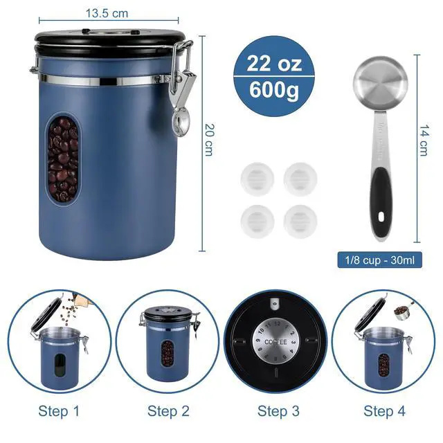 Alt view image 6 of 7 - 1800ML Airtight Coffee Canister with Date Tracker&Transparent Window, 22.8OZ Coffe Beans Storage with 30ML Measure Spoon&4 co2 Valve, Coffee Container for Grounds Coffee, Beans, Tea, Sugar&Flour(Blue)
