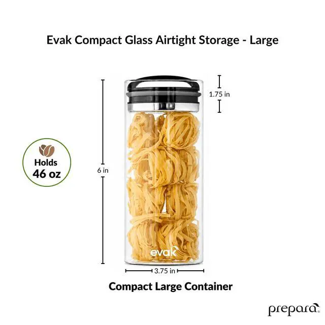 Alt view image 3 of 6 - Evak Compact Airtight Food Storage Container, Large (6" x 3.75") Glass Canister with Black Gloss Handle, Vacuum Seal Keeps Food Fresh Longer, Ideal for Coffee, Tea & Pantry Storage