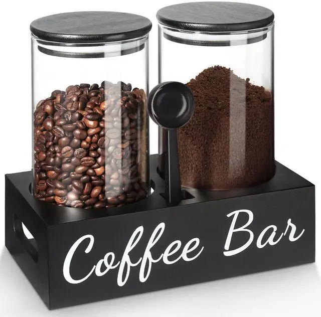 Main image of Coffee Container, 2 Pcs 50 Fl oz Airtight Bean Storage Canister, Black Glass Ground Coffee and Sugar Jar Set with Scoop/Shelf/Labels, Sugar/Tea Holder Containers for Cafe Bar Countertop
