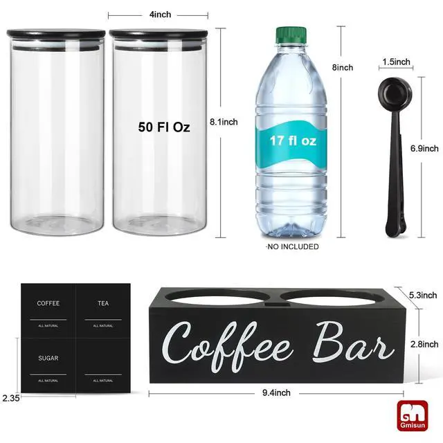 Alt view image 2 of 6 - Coffee Container, 2 Pcs 50 Fl oz Airtight Bean Storage Canister, Black Glass Ground Coffee and Sugar Jar Set with Scoop/Shelf/Labels, Sugar/Tea Holder Containers for Cafe Bar Countertop