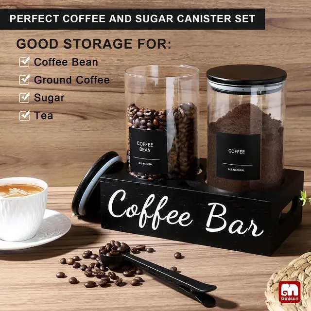 Alt view image 3 of 6 - Coffee Container, 2 Pcs 50 Fl oz Airtight Bean Storage Canister, Black Glass Ground Coffee and Sugar Jar Set with Scoop/Shelf/Labels, Sugar/Tea Holder Containers for Cafe Bar Countertop