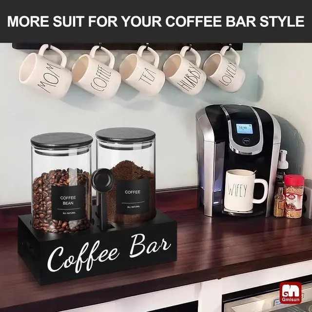 Alt view image 4 of 6 - Coffee Container, 2 Pcs 50 Fl oz Airtight Bean Storage Canister, Black Glass Ground Coffee and Sugar Jar Set with Scoop/Shelf/Labels, Sugar/Tea Holder Containers for Cafe Bar Countertop