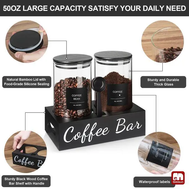 Alt view image 6 of 6 - Coffee Container, 2 Pcs 50 Fl oz Airtight Bean Storage Canister, Black Glass Ground Coffee and Sugar Jar Set with Scoop/Shelf/Labels, Sugar/Tea Holder Containers for Cafe Bar Countertop