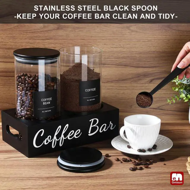 Alt view image 5 of 6 - Coffee Container, 2 Pcs 50 Fl oz Airtight Bean Storage Canister, Black Glass Ground Coffee and Sugar Jar Set with Scoop/Shelf/Labels, Sugar/Tea Holder Containers for Cafe Bar Countertop