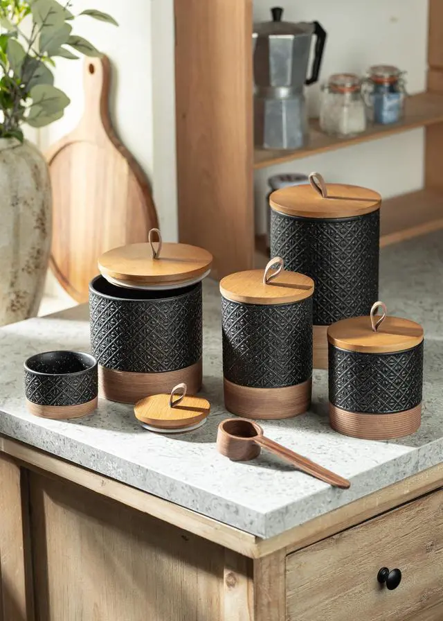 Alt view image 7 of 7 - Ceramic Jar with Lid, Airtight Coffee Container, Kitchen Food Storage Jar for Coffee Bean Spice Sugar Cookie, Stackable Decorative Jars for Housewarming Gift, Coffee Bar Decor, Black 28 fl.oz