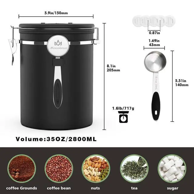 Alt view image 3 of 7 - 38OZ Coffee Canister for ground coffee with Date Tracker,One Way Co2 Valve 304 Stainless Steel Kitchen Food Airtight storage container for Coffee Beans or Grounds, Sugar Black