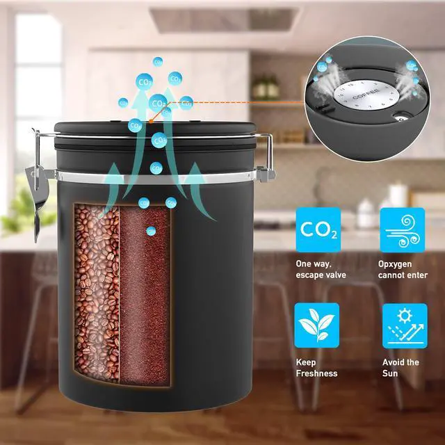 Alt view image 5 of 7 - 38OZ Coffee Canister for ground coffee with Date Tracker,One Way Co2 Valve 304 Stainless Steel Kitchen Food Airtight storage container for Coffee Beans or Grounds, Sugar Black