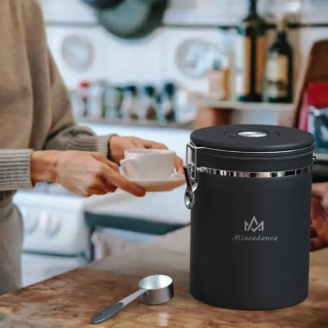 Alt view image 7 of 7 - 38OZ Coffee Canister for ground coffee with Date Tracker,One Way Co2 Valve 304 Stainless Steel Kitchen Food Airtight storage container for Coffee Beans or Grounds, Sugar Black