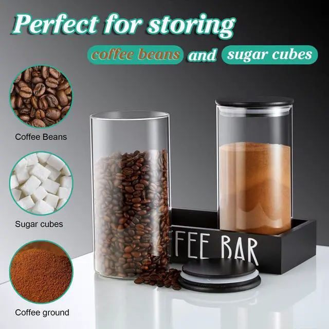 Alt view image 2 of 7 - Glass Coffee Canister for Ground Coffee - 2Pcs 45oz Coffee and Sugar Container Set with Airtight Bamboo Lids and Black Tray - Farmhouse Coffee Bean Storage Jars for Coffee Bar Decor and Accessories