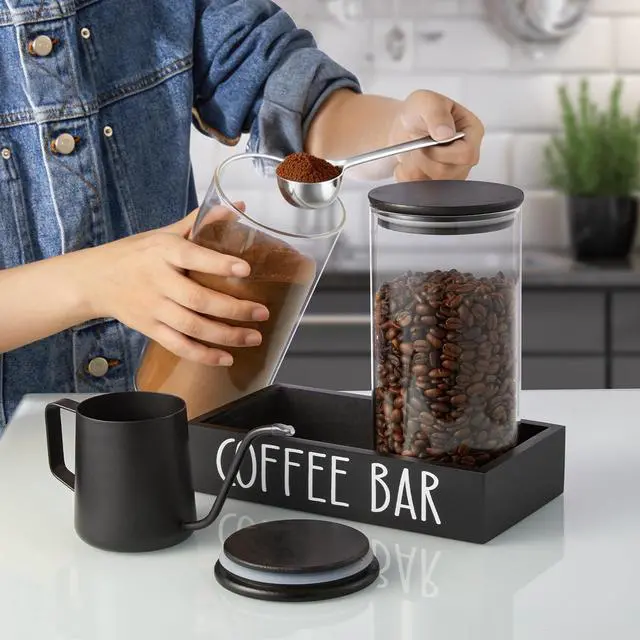Alt view image 3 of 7 - Glass Coffee Canister for Ground Coffee - 2Pcs 45oz Coffee and Sugar Container Set with Airtight Bamboo Lids and Black Tray - Farmhouse Coffee Bean Storage Jars for Coffee Bar Decor and Accessories