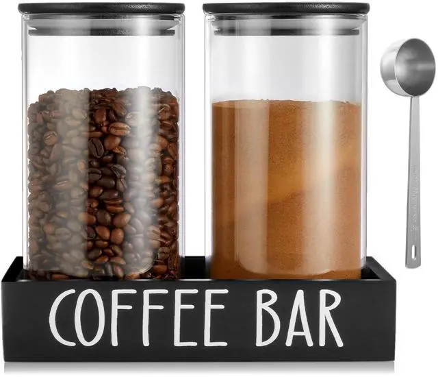 Main image of Glass Coffee Canister for Ground Coffee - 2Pcs 45oz Coffee and Sugar Container Set with Airtight Bamboo Lids and Black Tray - Farmhouse Coffee Bean Storage Jars for Coffee Bar Decor and Accessories