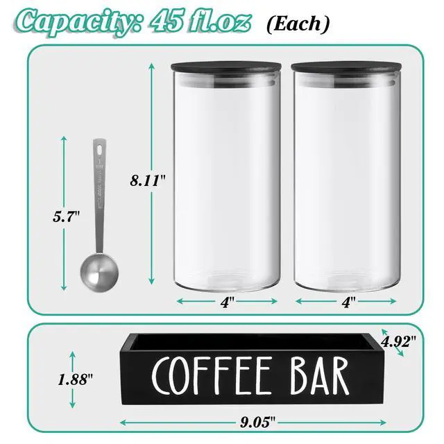 Alt view image 5 of 7 - Glass Coffee Canister for Ground Coffee - 2Pcs 45oz Coffee and Sugar Container Set with Airtight Bamboo Lids and Black Tray - Farmhouse Coffee Bean Storage Jars for Coffee Bar Decor and Accessories