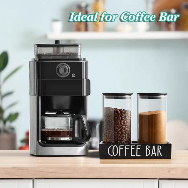 Alt view image 4 of 7 - Glass Coffee Canister for Ground Coffee - 2Pcs 45oz Coffee and Sugar Container Set with Airtight Bamboo Lids and Black Tray - Farmhouse Coffee Bean Storage Jars for Coffee Bar Decor and Accessories