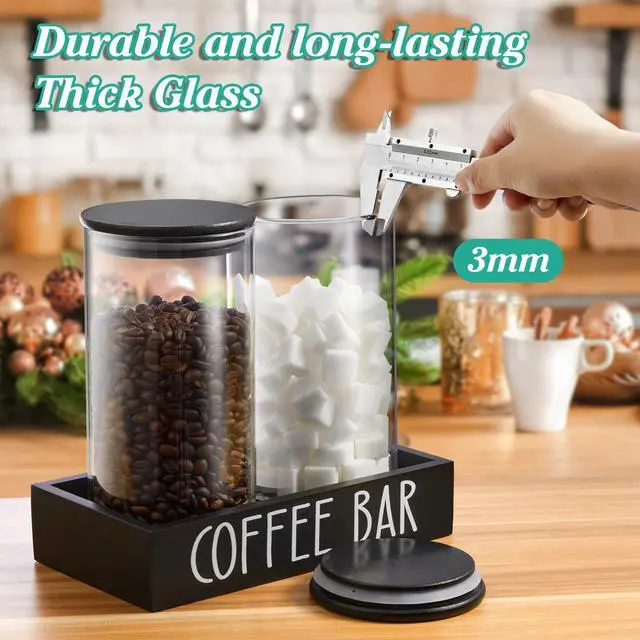 Alt view image 6 of 7 - Glass Coffee Canister for Ground Coffee - 2Pcs 45oz Coffee and Sugar Container Set with Airtight Bamboo Lids and Black Tray - Farmhouse Coffee Bean Storage Jars for Coffee Bar Decor and Accessories