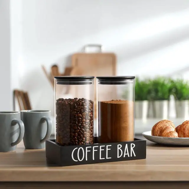 Alt view image 7 of 7 - Glass Coffee Canister for Ground Coffee - 2Pcs 45oz Coffee and Sugar Container Set with Airtight Bamboo Lids and Black Tray - Farmhouse Coffee Bean Storage Jars for Coffee Bar Decor and Accessories