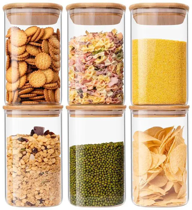 Main image of Glass Food Storage Jars 37 oz Set of 6,Glass Storage Containers Clear Glass Food Canister with Bamboo Lid Airtight For Serving Tea, Coffee, Flour, Sugar, Candy, Cookie, Spice and More (Square)