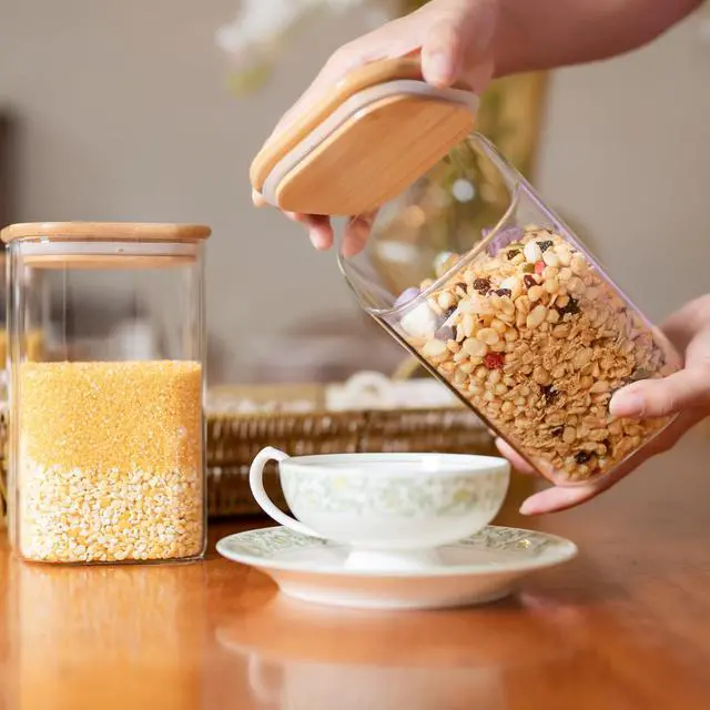 Alt view image 2 of 7 - Glass Food Storage Jars 37 oz Set of 6,Glass Storage Containers Clear Glass Food Canister with Bamboo Lid Airtight For Serving Tea, Coffee, Flour, Sugar, Candy, Cookie, Spice and More (Square)