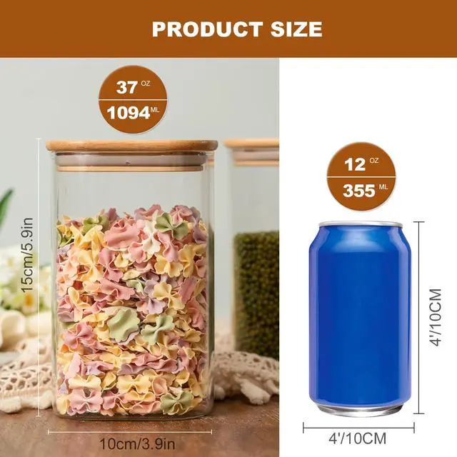 Alt view image 6 of 7 - Glass Food Storage Jars 37 oz Set of 6,Glass Storage Containers Clear Glass Food Canister with Bamboo Lid Airtight For Serving Tea, Coffee, Flour, Sugar, Candy, Cookie, Spice and More (Square)