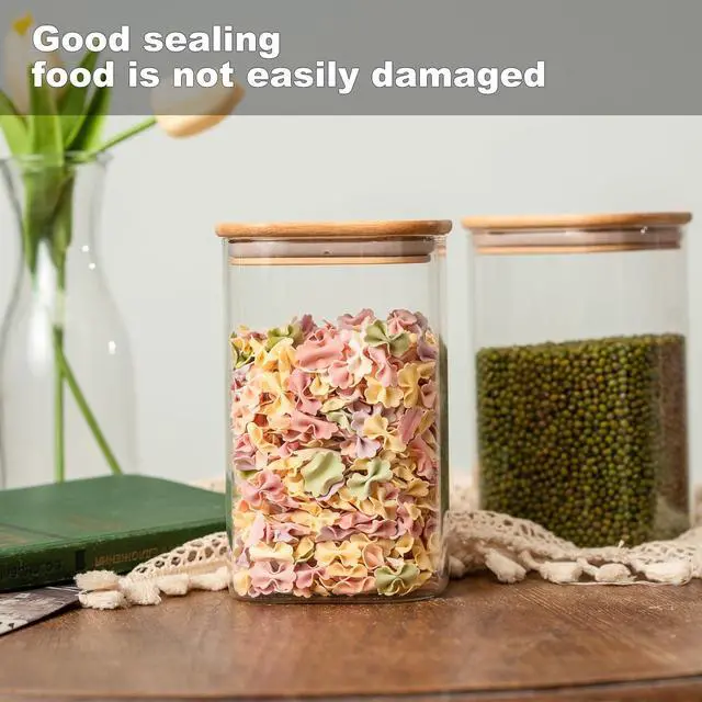 Alt view image 7 of 7 - Glass Food Storage Jars 37 oz Set of 6,Glass Storage Containers Clear Glass Food Canister with Bamboo Lid Airtight For Serving Tea, Coffee, Flour, Sugar, Candy, Cookie, Spice and More (Square)
