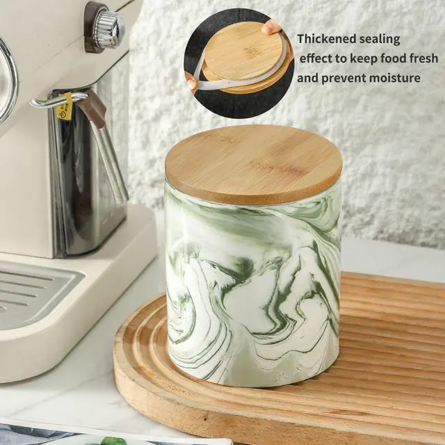 Alt view image 6 of 7 - Green Food Storage Jar Strong Ceramic Storage Canisters with Airtight Seal Bamboo Lid Modern Design Seal Damp-Proof Kitchen Jar for Coffee, Tea,coffee