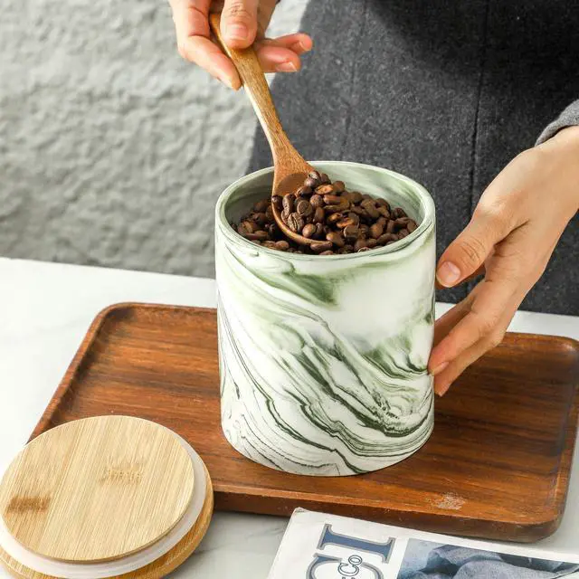 Alt view image 7 of 7 - Green Food Storage Jar Strong Ceramic Storage Canisters with Airtight Seal Bamboo Lid Modern Design Seal Damp-Proof Kitchen Jar for Coffee, Tea,coffee