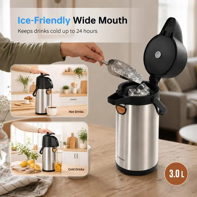 Alt view image 2 of 7 - Airpot Coffee Dispenser Thermal with Pump,3L/102 Oz Insulated Stainless Steel Large Airpot Coffee Carafe Lever Action for Hot/Cold Water,Thermal Carafe for Hot Cocoa for Parties